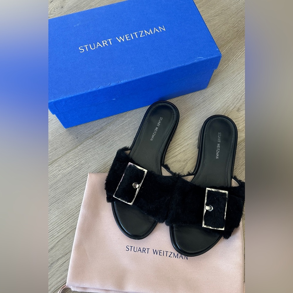 Stuart Weitzman Black Slide Sandals with Fur